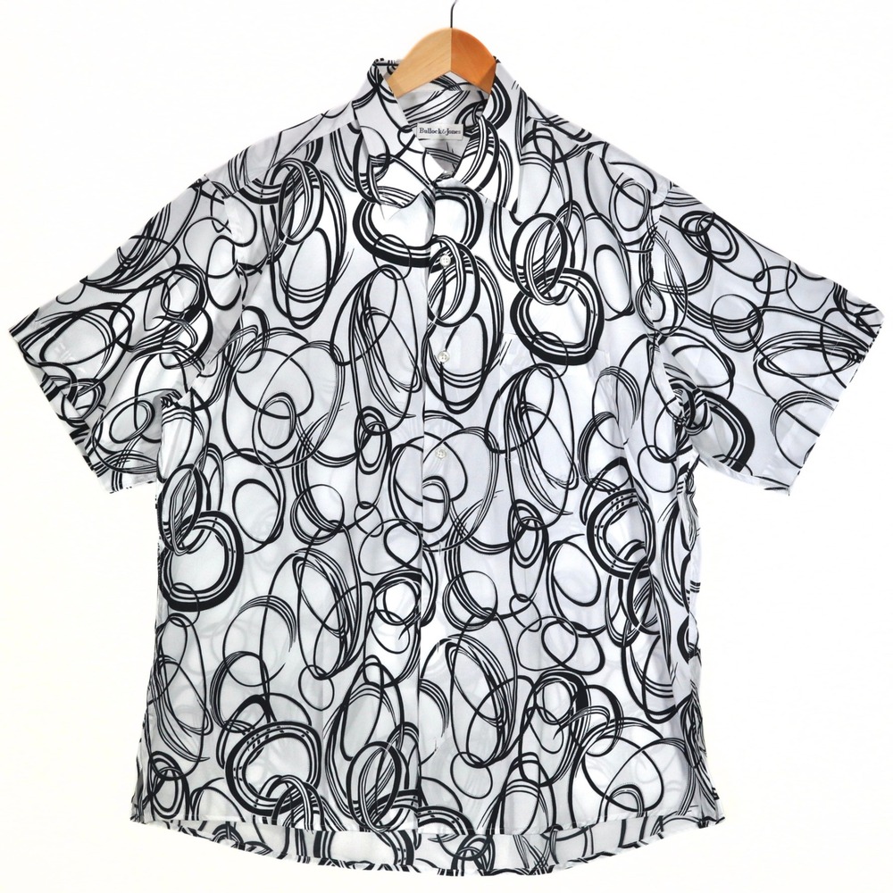 Bullock & Jones Shirt Mens Large White Black Abstract Swirl Short Sleeve Casual